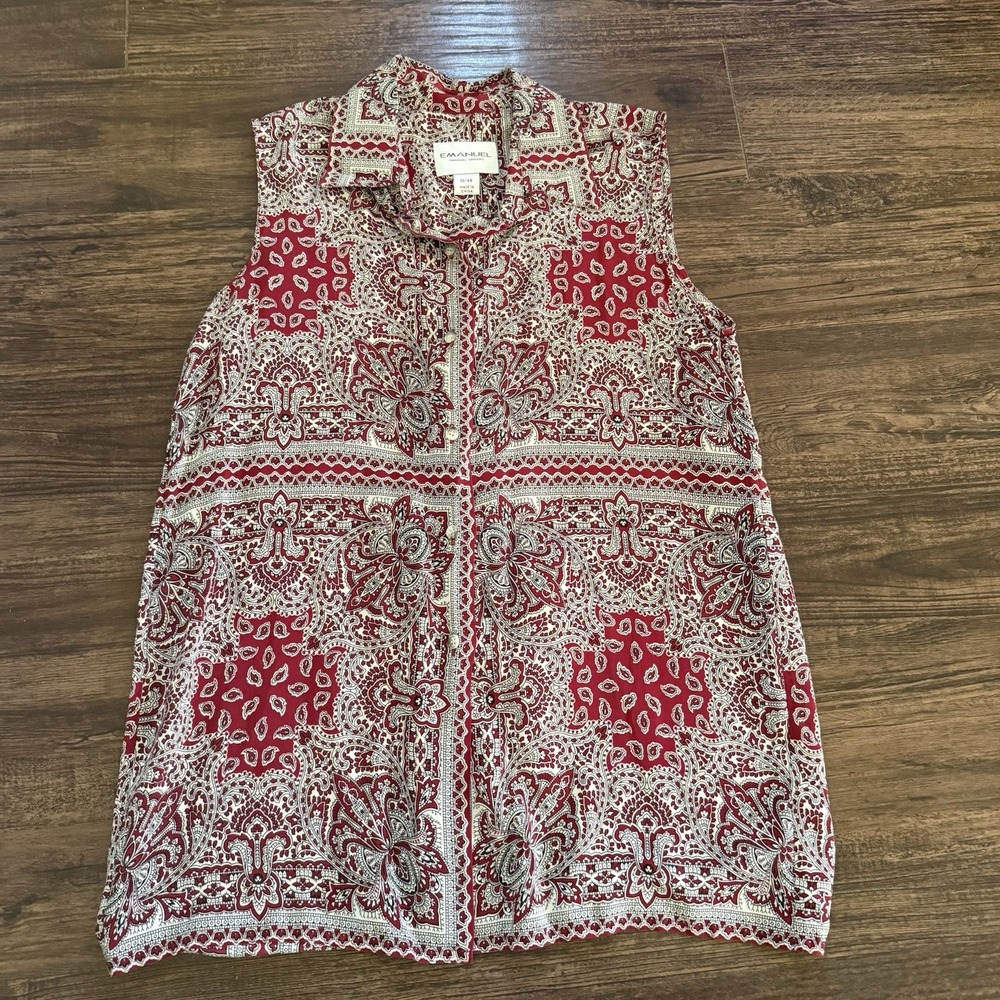 Vtg Emanuel Ungaro Size 10 100% Silk Sleeveless Blouse Red Paisley Button Up